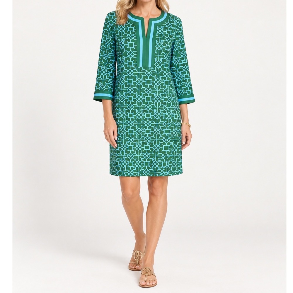 Gretchen Scott Green Blue Geometric Tunic Shift Dress Medium 3/4 Sleeve